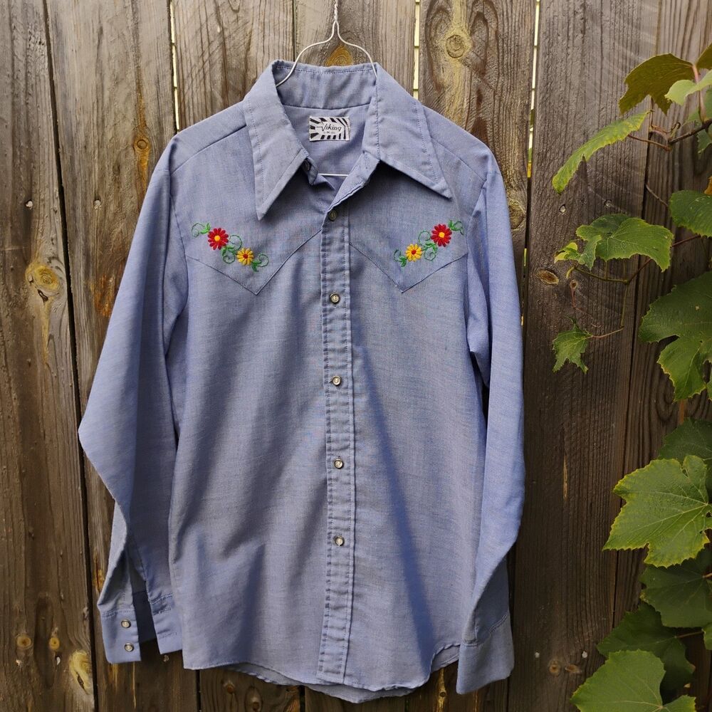 Vintage Viking Western Shirt Blue Floral Embroidered Button Down Medium 15-15.5"